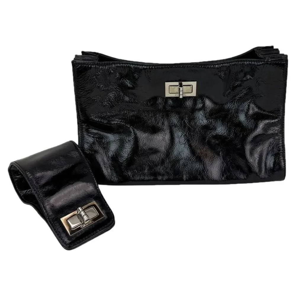 Chanel Patent Mademoiselle lock Convertible Wrist Clutch Black Bag